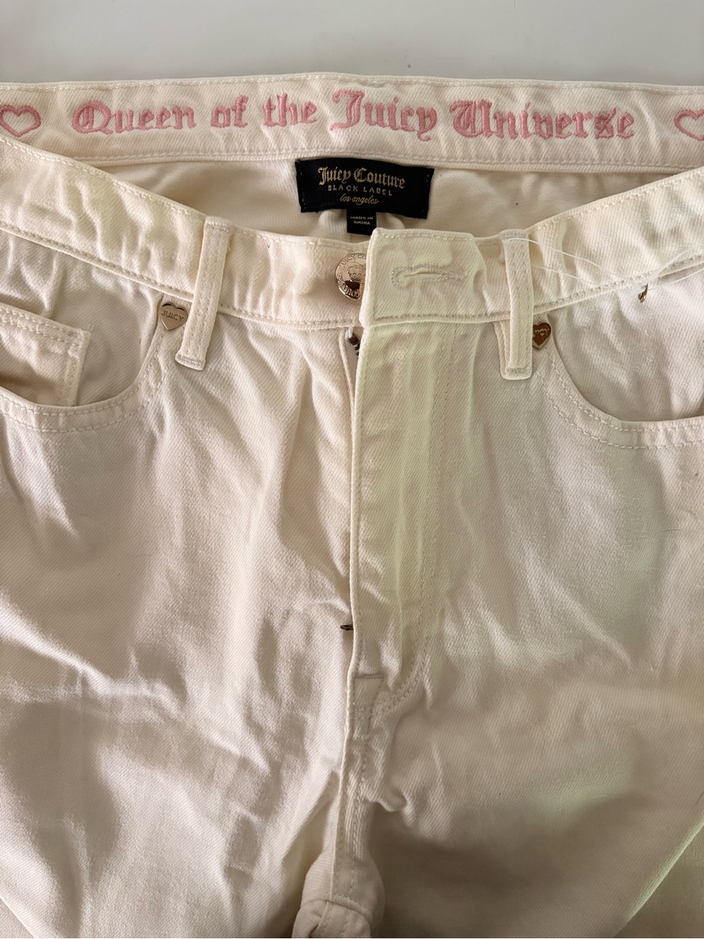 Juicy Couture White Women’s Jeans - "Queen of the Juicy Universe" Waistband